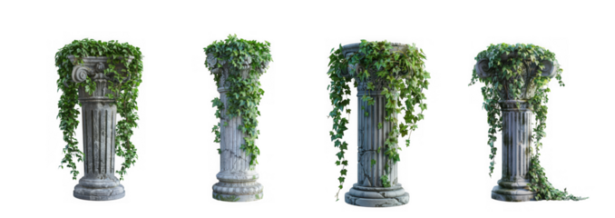 Ancient stone pillars overgrown with green vines and leaves isolated on transparent background