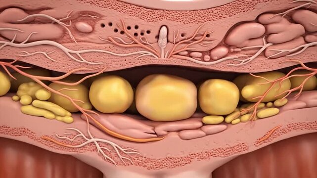 Intricate medical illustration depicting the layered structure of human subcutaneous fat, revealing adipose tissue distribution and connective fibers within the body