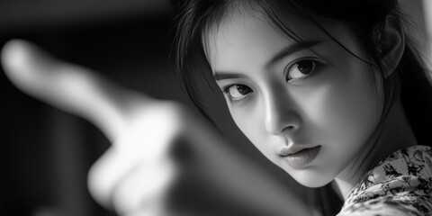 Naklejka premium Stylish young woman with elegant hair style looking straight ahead. High-quality portrait with soft focus in the background.