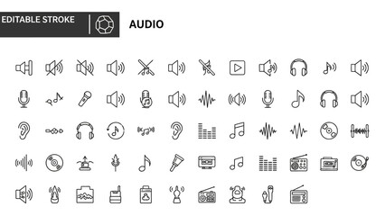 A collection of audio-related icons displayed on a clean white background