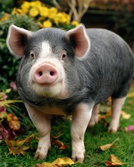 Curious Pig in Autumn Garden
