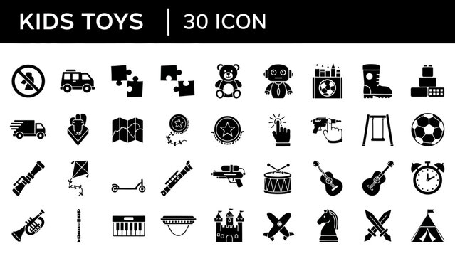 Collection of various black icon illustrations representing different toys and games for kids on a white background