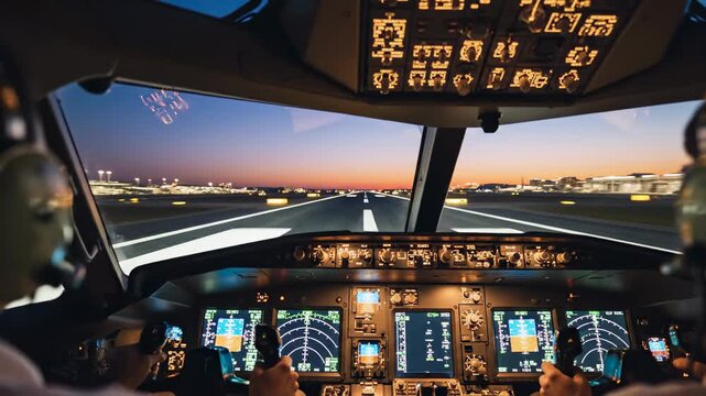 Airplane cockpit view from inside during landing sequence on runway at sunset with instrumentation panel and pilots control.