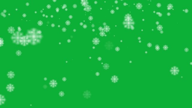 Cinematic Animation of White Snowflakes and Soft Glowing Particles Falling on a Vibrant Green Background Featuring Dreamy Winter Bokeh, Magic Shimmering Motion Graphics and Festive Holiday Light Effet