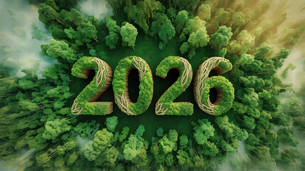 Green 2026 numbers emerging from a dense forest canopy
