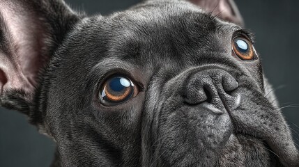 Close up of a gray french bulldog with beautiful blue eyes looking directly at the camera, expressing curiosity and affection