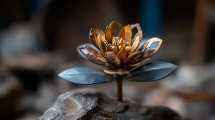 Metal floral arrangement with rustic background, metal art floral design mixed media sculpture, defocused industrial botanical, steel flower creation, iron plant artwork, with copy