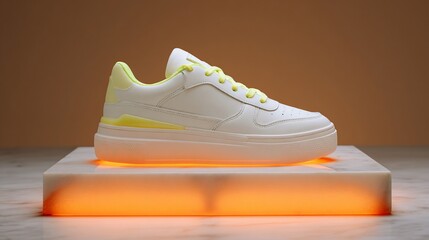 White shoe with yellow accents sits on a glowing platform