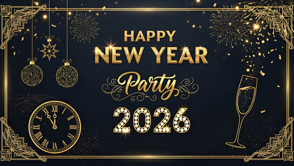 Luxurious Gold and Black Happy New Year 2026 Party Celebration with Fireworks Champagne Clock and Ornaments Greeting Card Background