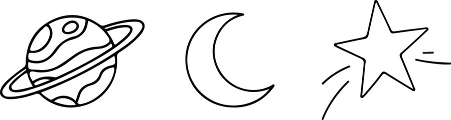 Cosmic Celestial Body Icons A Planet, Crescent Moon, and Shooting Star Illustration