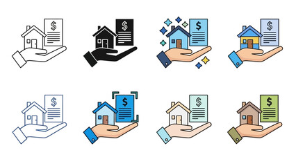 Various illustrations of hands holding houses and money, showcasing different styles and color schemes, related to real estate and finance concepts