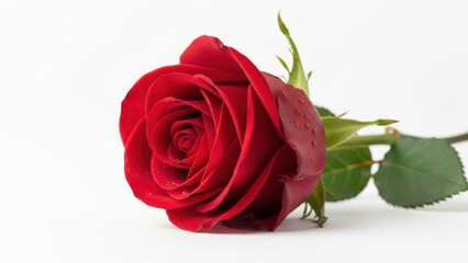 Vibrant Red Rose with Fresh Water Droplets on White Background