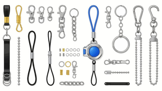 Collection of various keychains and lanyards displayed on a neutral background
