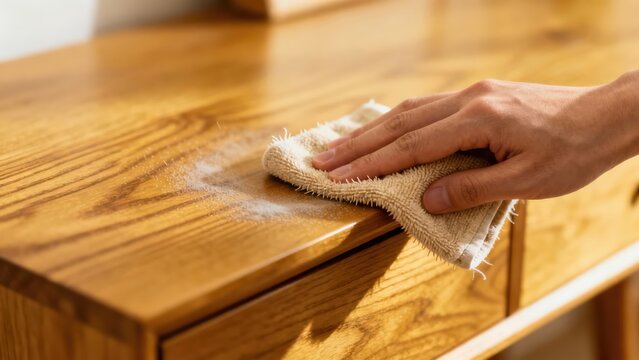 A person's hand wiping dust off a wooden furniture surface with a cloth. Housekeeping and domestic chore concept for home maintenance