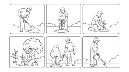 Man planting trees in a garden from various viewpoints