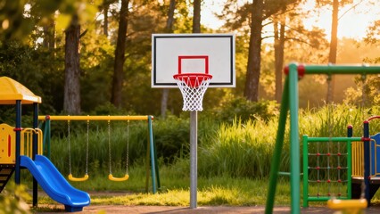 An empty children's playground with a basketball hoop in a park. Outdoor recreational area with a slide and swings at sunset