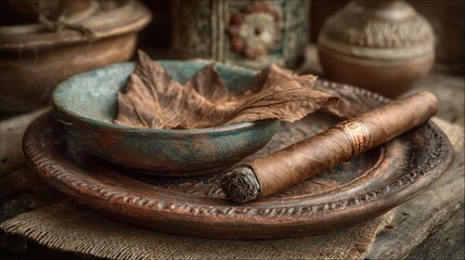 Rustic cigar resting on a weathered terracotta plate with tobacco leaves next to a small bowl in a dark, atmospheric setting