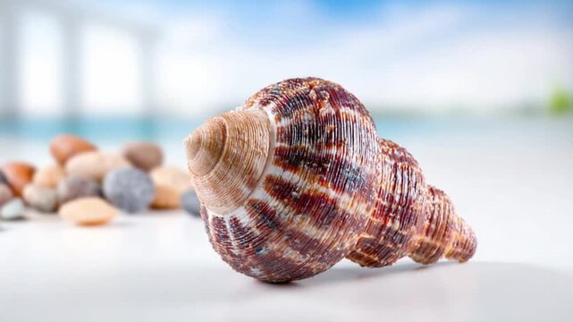 Ocean's Echo: A beautifully patterned seashell rests peacefully near a collection of smooth stones, evoking a sense of calm and the boundless serenity of the sea. 