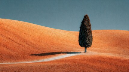 Single cypress stands tall on a rolling light ochre hillside under a soft, sunny sky in tuscany, casting a long shadow on the dry grassy landscape