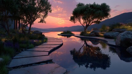 Sunset Glow illuminates winding stone path by reflective pools and serene landscape, creating peaceful scene near the Ocean