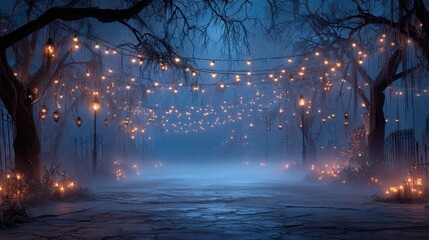 Spooky Halloween night shows glowing jack o lanterns and illuminated street lamps along a foggy brick road in a town