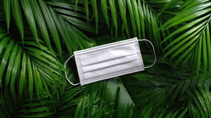 Surgical face mask resting on a vibrant green palm leaf providing protection and promoting health in a natural setting