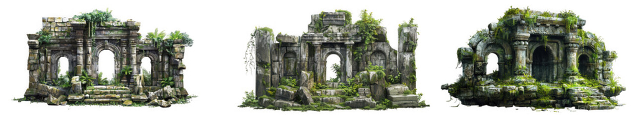 Fototapeta premium Ancient ruins with greenery and moss on white background isolated on transparent background