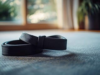A pair of black slippers resting on a textured carpet.