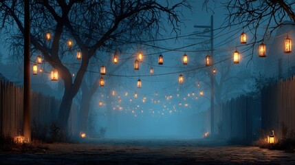 Spooky Halloween night shows glowing jack o lanterns and illuminated street lamps along a foggy brick road in a town