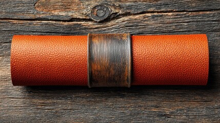 Rolled orange leather sheet secured by band resting on a rustic wooden surface, showcasing detailed texture and craftsmanship