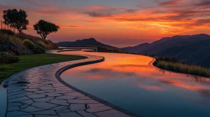 Sunset Glow illuminates winding stone path by reflective pools and serene landscape, creating peaceful scene near the Ocean