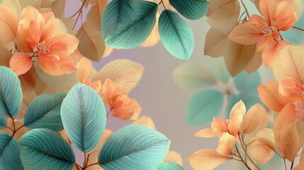 Translucent skeleton leaves in green and orange tones create a decorative border on a soft pastel background for a natural, artistic effect