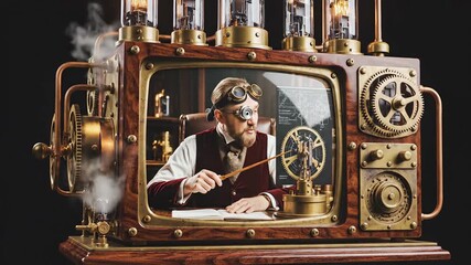A distinguished gentleman in steampunk goggles and a vest appears on an elaborate vintage television screen presenting a scientific concept with a pen surrounded by intricate brass gears glowing vacu.
