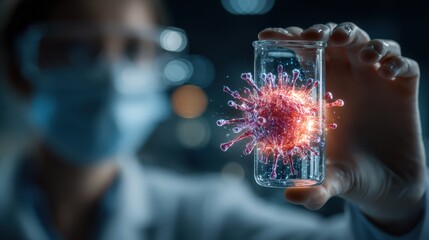Female scientist examines glowing virus sample in flask, with medical research hologram displaying in modern laboratory setting
