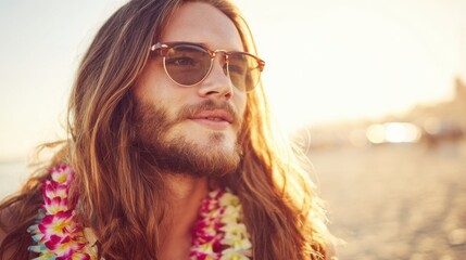 Young man enjoys beach time during sunset with sunglasses and floral necklace