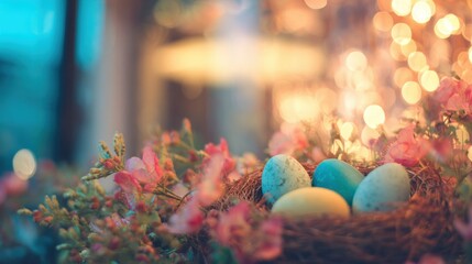 Colorful eggs in a nest with flowers during a spring celebration