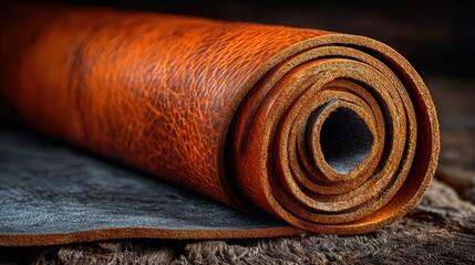 Rolled orange leather sheet secured by band resting on a rustic wooden surface, showcasing detailed texture and craftsmanship