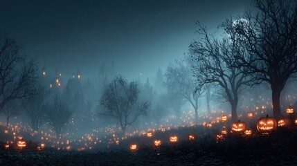 Spooky Halloween night shows glowing jack o lanterns and illuminated street lamps along a foggy brick road in a town