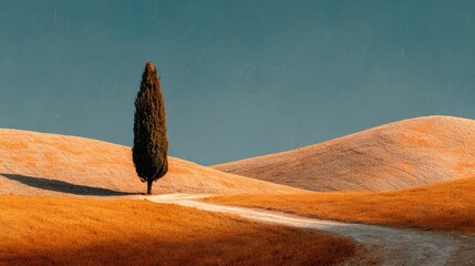 Single cypress stands tall on a rolling light ochre hillside under a soft, sunny sky in tuscany, casting a long shadow on the dry grassy landscape