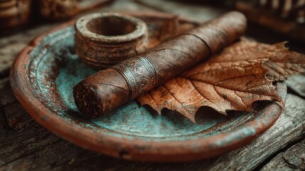 Rustic cigar resting on a weathered terracotta plate with tobacco leaves next to a small bowl in a dark, atmospheric setting