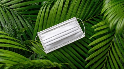 Surgical face mask resting on a vibrant green palm leaf providing protection and promoting health in a natural setting