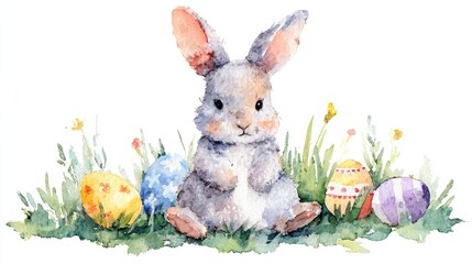 Rabbit sits in grass near colorful eggs during springtime celebration