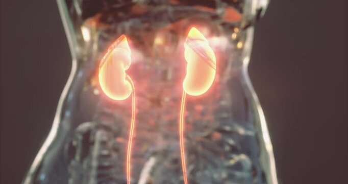 This depiction focuses on the anatomy of human kidneys, highlighting their shape, position, and connection to the body. It provides insights into kidney structure and urinary function.