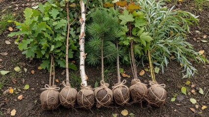 Young Tree Saplings with Burlap Root Balls for Planting