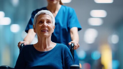 Gentle Care: An elderly woman, content and serene, is gently wheeled through a modern medical facility by a caring healthcare professional. It is an image of compassion and support.