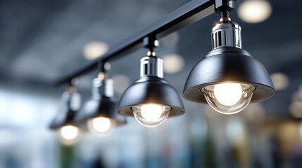 Modern adjustable track lighting system with sleek spotlights suspended from ceiling on transparent background in high contrast, defocused directional illumination, with copy space