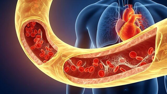 Illustration of arterial plaque buildup inside a human blood vessel impacting heart health