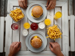 Top-Down View of Outdoor Burger Meal