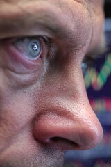 Obraz premium Close-Up of Trader's Eyes Reflecting Rising Charts in Macro Portrait