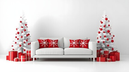 Cozy minimalist living room decorated for Christmas with a white sofa red snowflake pillows and two white Christmas trees adorned with red ornaments surrounded by gift boxes perfect for holiday market